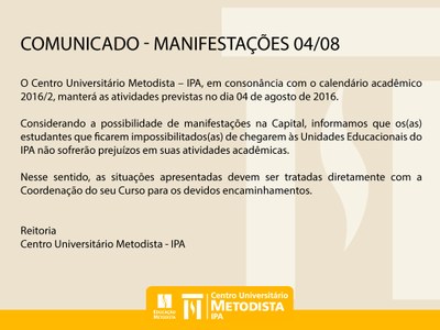 Comunicado- Manifestações 4/08 Comunicado- Manifestações 4/08